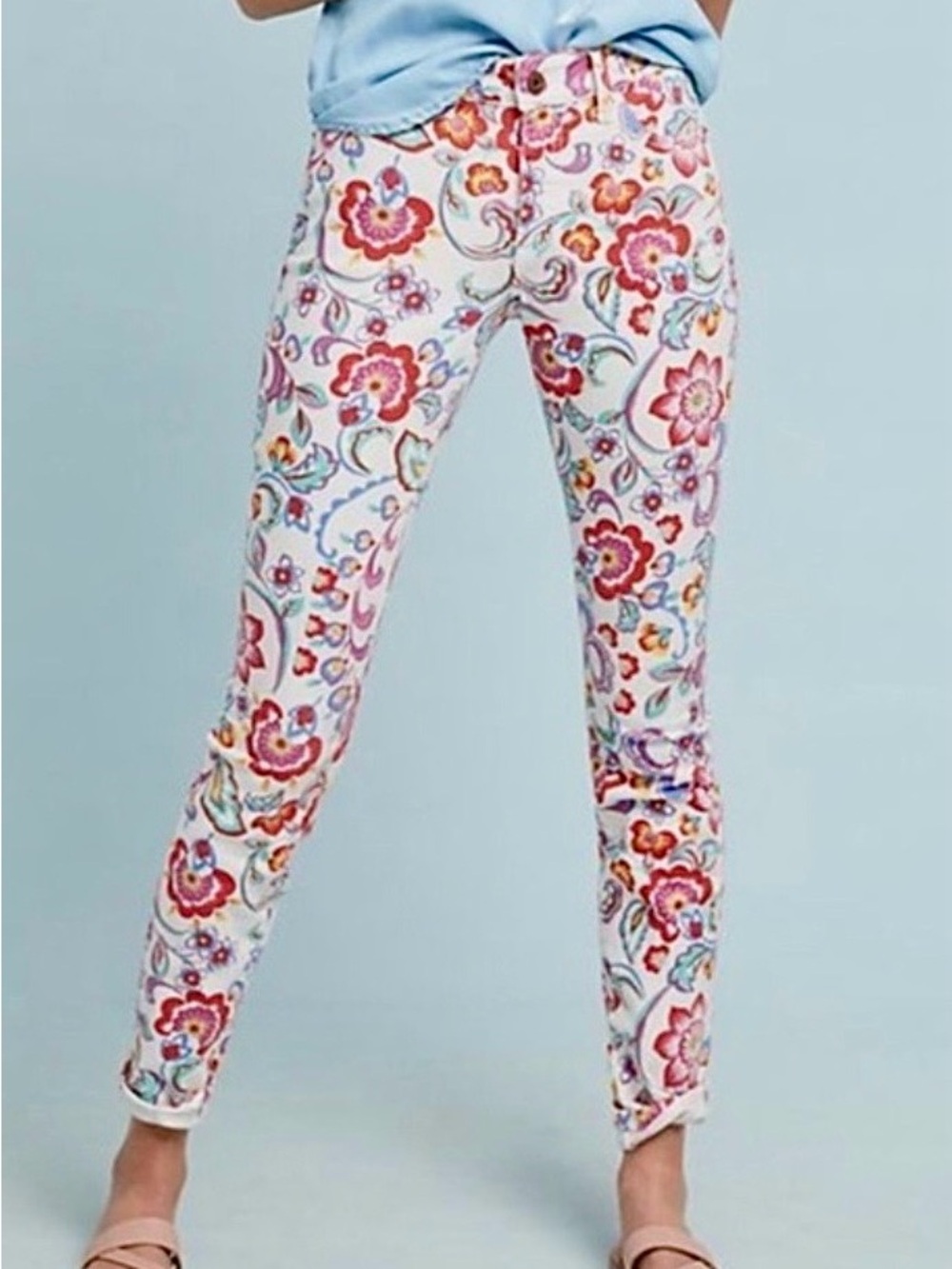 NWT Anthropologie Pilcro Floral Pants Mid Rise Skinny White Red Ankle Jeans 30